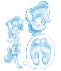Size: 1026x1200 | Tagged: safe, artist:zuneycat, character:pinkie pie, species:anthro, species:plantigrade anthro, clothing, feet, female, foot fetish, foot focus, hypnosis, missing shoes, monochrome, pantyhose, sketch, soles, solo