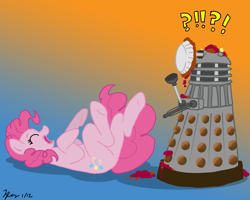 Size: 1000x800 | Tagged: safe, artist:the_gneech, part of a set, character:pinkie pie, species:earth pony, species:pony, adobe imageready, comedy, crossover, dalek, doctor who, exclamation point, female, gradient background, laughing, mare, on back, pie, pinkie antics, question mark, random