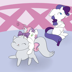 Size: 600x600 | Tagged: safe, artist:mister-true, character:opalescence, character:rarity, character:sweetie belle, species:pony, baby, baby belle, baby pony, cute, diasweetes, filly, foal, opalbetes, ponies riding cats, riding, tumblr