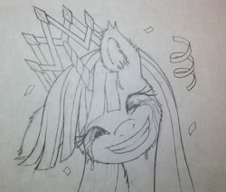 Size: 600x508 | Tagged: safe, artist:cyle, character:twilight sparkle, character:twilight sparkle (alicorn), species:alicorn, species:pony, crying, ear fluff, female, grin, mare, monochrome, new crown, solo, tears of joy, traditional art
