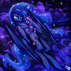 Size: 894x894 | Tagged: safe, artist:glitteronin, character:princess luna, oc, oc:seline, parent:oc:azure night, parent:princess luna, parents:azuna, parents:canon x oc, azuna, cute, female, filly, foal, hug, missing accessory, mother and daughter, night, offspring, on back, open mouth, size difference, smiling, stars, underhoof