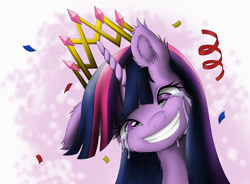 Size: 900x664 | Tagged: safe, artist:cyle, character:twilight sparkle, character:twilight sparkle (alicorn), species:alicorn, species:pony, confetti, coronation, crying, ear fluff, female, fluffy, grin, mare, new crown, solo, tears of joy
