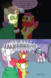 Size: 591x900 | Tagged: safe, artist:sketchinetch, character:apple bloom, character:rarity, character:scootaloo, character:sweetie belle, bathrobe, clothing, comic, cutie mark crusaders, hair curlers, mud mask, screaming, sleepover, slippers
