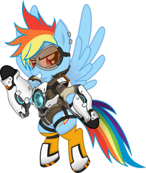 Size: 1024x1209 | Tagged: dead source, safe, artist:farminilla, character:rainbow dash, analiz sánchez, clothing, cosplay, costume, crossover, female, goggles, latin american, overwatch, rainbow tracer, science fiction, simple background, solo, tracer, transparent background, vector, video game, voice actor joke