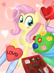 Size: 600x810 | Tagged: safe, artist:obcor, character:fluttershy, species:pegasus, species:pony, episode:hearts and hooves day, g4, my little pony: friendship is magic, bouquet, chocolate, female, fluttershy gets all the mares, fluttershy gets all the stallions, mare, offscreen character, solo
