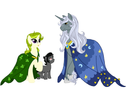 Size: 3485x2460 | Tagged: safe, artist:westphalianartist, character:clover the clever, character:king sombra, character:star swirl the bearded, species:pony, ancient, beard, clothing, clover, colt, facial hair, foal, hatless, headcanon, male, missing accessory, mother and son, older, robe, simple background, son, teacher, transparent background, younger