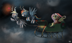 Size: 1000x594 | Tagged: safe, artist:ponyrake, character:derpy hooves, character:fluttershy, character:rainbow dash, species:pegasus, species:pony, christmas, female, flying, mare, sleigh, trio