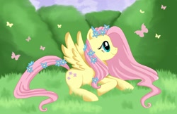 Size: 1330x861 | Tagged: safe, artist:mel-rosey, character:fluttershy, species:pony, butterfly, cute, female, flower, flower in hair, flower in tail, mare, profile, prone, shyabetes, solo