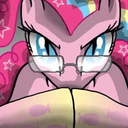 Size: 400x400 | Tagged: safe, artist:adenyne, character:nightmare pinkie pie, character:pinkie pie, female, gendo pose, glare, glasses, looking at you, nightmarified, rainbow power, slit eyes, solo