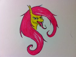 Size: 2592x1936 | Tagged: dead source, safe, artist:lordvader914, character:flutterbat, character:fluttershy, species:bat pony, female, looking at you, solo, tongue out, traditional art