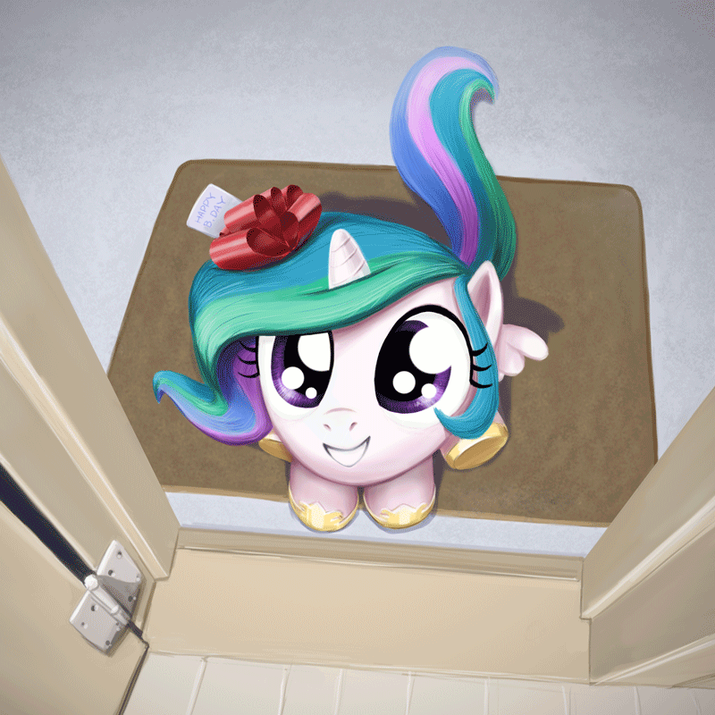 Size: 800x800 | Tagged: safe, artist:averagedraw, artist:general disorder, edit, character:princess celestia, species:alicorn, species:pony, animated, birthday, cewestia, chibi, cute, cutelestia, door, doormat, feels, female, filly, hnnng, papers please, ribbon, smiling
