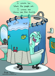 Size: 1280x1771 | Tagged: safe, artist:sketchinetch, character:lyra heartstrings, species:sea pony, bathtub, claw foot bathtub, dialogue, disney, female, human lovers, lyriel, mirror, parody, part of your world, shower, singing, singing in the shower, solo, the little mermaid, towel, wet mane