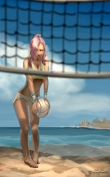 Size: 701x1123 | Tagged: safe, artist:ponyrake, character:fluttershy, species:human, beach volleyball, bikini, clothing, female, humanized, solo, swimsuit, volleyball