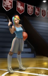 Size: 713x1131 | Tagged: safe, artist:ponyrake, character:rainbow dash, species:human, basketball, clothing, female, humanized, solo