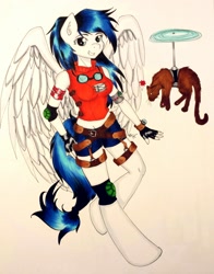 Size: 1502x1920 | Tagged: safe, artist:shyredd, oc, oc only, oc:thyme flies, species:anthro, species:pegasus, species:pony, cat, clothing, elbow pads, final fantasy, flying, gloves, goggles, helicopter, knee pads, markers, necessary cleavace, one piece, rikku, solo, traditional art, tribute