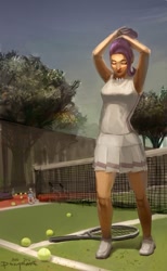 Size: 580x939 | Tagged: safe, artist:ponyrake, character:rarity, species:human, clothing, female, humanized, jewelry, necklace, skirt, solo, tank top, tennis, tennis ball, tennis racket, tree