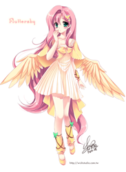 Size: 614x838 | Tagged: safe, artist:sakuranoruu, character:fluttershy, species:human, anime, breasts, clothing, cute, delicious flat chest, dress, female, flattershy, humanized, shyabetes, skinny, solo, tailed humanization, winged humanization