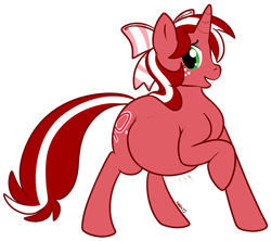 Size: 800x709 | Tagged: safe, artist:muzz, oc, oc only, oc:red ribbon, species:pony, species:unicorn, belly, bow, chubby, fat, freckles, green eyes, grin, jiggle, solo
