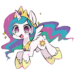 Size: 800x800 | Tagged: safe, artist:katuhira_rinmi, character:princess celestia, cute, cutelestia, female, looking at you, open mouth, pixiv, simple background, smiling, solo, sparkles, white background