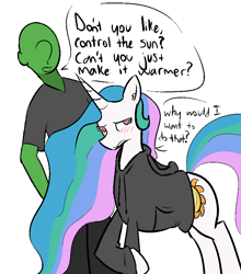 Size: 799x908 | Tagged: safe, artist:visiti, character:princess celestia, oc, oc:anon, species:human, episode:slice of life, g4, my little pony: friendship is magic, blushing, clothing, dialogue, embarrassed, eyelashes, frown, hoodie, looking away, nervous, simple background, sweater, tsundelestia, tsundere