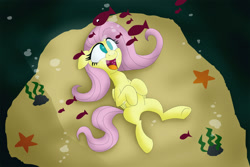 Size: 1600x1066 | Tagged: safe, artist:uwdr-64, character:fluttershy, bubble, fish, happy, underwater, watershy
