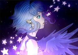 Size: 1266x891 | Tagged: safe, artist:loure201, character:princess luna, species:human, elf ears, female, humanized, solo, winged humanization