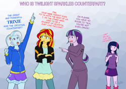 Size: 877x620 | Tagged: safe, artist:kibate, character:starlight glimmer, character:sunset shimmer, character:trixie, character:twilight sparkle, character:twilight sparkle (alicorn), species:alicorn, episode:my past is not today, episode:the cutie map, equestria girls:rainbow rocks, g4, my little pony: equestria girls, my little pony: friendship is magic, my little pony:equestria girls, clothing, counterparts, crossed arms, dialogue, drama bait, hilarious in hindsight, loose hair, magical quartet, meta, open mouth, pointing, raised eyebrow, skirt, sunset vs starlight debate, twilight's counterparts, worried