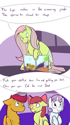 Size: 800x1428 | Tagged: safe, artist:tigs, character:apple bloom, character:fluttershy, character:scootaloo, character:sweetie belle, chest fluff, go the fuck to sleep, vulgar