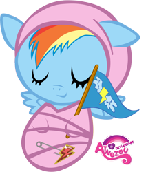 Size: 2545x3000 | Tagged: safe, artist:atnezau, character:rainbow dash, species:pegasus, species:pony, baby, baby blanket, baby dash, baby pony, blanket, cute, dawwww, element of loyalty, female, flag, foal, happy baby, newborn, newborn baby, safety pin, simple background, sleeping, sleeping baby, solo, swaddled, swaddled baby, transparent background, vector, wrapped snugly