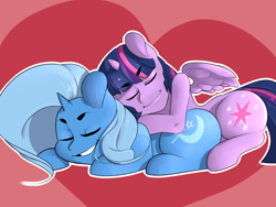 Size: 1280x960 | Tagged: safe, artist:mcnims, character:trixie, character:twilight sparkle, character:twilight sparkle (alicorn), species:alicorn, species:pony, ship:twixie, explicit source, female, lesbian, mare, shipping, sleeping, snuggling