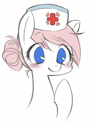 Size: 756x1009 | Tagged: safe, artist:katuhira_rinmi, character:nurse redheart, species:earth pony, species:pony, blushing, clothing, cute, female, hat, heartabetes, mare, no pupils, nurse, portrait, raised hoof, simple background, smiling, solo, white background