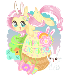Size: 880x986 | Tagged: safe, artist:puchiko, character:angel bunny, character:fluttershy, bunny ears, cute, easter, easter egg, female, pixiv, shyabetes, solo