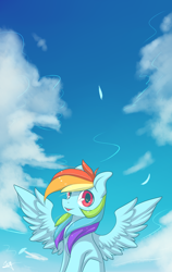 Size: 1580x2500 | Tagged: safe, alternate version, artist:snowsky-s, character:rainbow dash, species:pegasus, species:pony, cloud, female, mare, open mouth, sitting, sky, solo, spread wings, wings