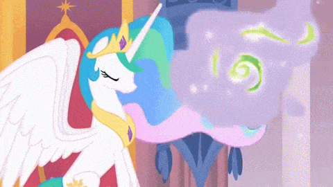 Size: 480x270 | Tagged: safe, artist:danfango, edit, edited screencap, screencap, character:princess celestia, species:alicorn, species:pony, animated, broken image, female, green smoke, letter, levitation, magic, mare, open mouth, scroll, sitting, small horse, small horse friends are good, smiling, smoke, solo, spread wings, telekinesis, throne, throne room, wat, wings, youtube poop, zoom