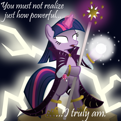 Size: 1111x1111 | Tagged: safe, artist:jrk08004, character:twilight sparkle, species:pony, bipedal, clothing, female, glowing eyes, magic, solo, staff