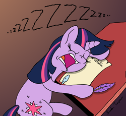 Size: 1280x1176 | Tagged: safe, artist:sketchinetch, character:twilight sparkle, character:twilight sparkle (unicorn), species:pony, species:unicorn, drool, eyes closed, female, letter, mare, open mouth, quill, sleeping, zzz
