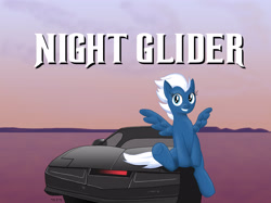 Size: 3179x2381 | Tagged: safe, artist:adenyne, character:night glider, episode:the cutie map, g4, my little pony: friendship is magic, car, female, grin, kitt, knight rider, looking at you, pontiac firebird, pun, sitting, smiling, solo, spread wings, underhoof, wings