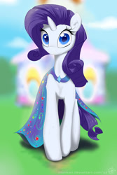 Size: 1024x1536 | Tagged: safe, artist:munkari, character:rarity, species:pony, species:unicorn, blurred background, carousel boutique, clothing, cute, dress, female, looking at you, mare, raribetes, solo