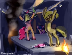Size: 1962x1509 | Tagged: safe, artist:ponyrake, character:pinkie pie, character:twilight sparkle, oc, dancing, drunk, drunkie pie, facehoof, fire, lampshade, party