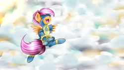 Size: 1920x1080 | Tagged: safe, artist:yuukon, character:scootaloo, species:pegasus, species:pony, cute, cutealoo, female, goggles, scootaloo can fly, smiling, solo, wonderbolt scootaloo, wonderbolts uniform