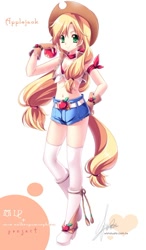 Size: 578x987 | Tagged: safe, artist:sakuranoruu, character:applejack, apple, belly button, belt, boots, clothing, female, fingerless gloves, gloves, humanized, obligatory apple, pixiv, shorts, solo, tailed humanization, thigh highs