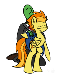 Size: 756x817 | Tagged: safe, artist:visiti, character:spitfire, oc, oc:anon, species:human, species:pony, bipedal, clothing, dressing, dressup, eyes closed, kneeling, necktie, smiling, suit, wonderbolts uniform