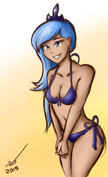 Size: 585x959 | Tagged: safe, artist:newbluud, character:princess luna, species:human, belly button, bikini, breasts, clothing, female, humanized, s1 luna, smiling, solo, swimsuit