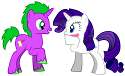 Size: 670x407 | Tagged: safe, artist:iceagelover, character:rarity, character:spike, ship:sparity, blushing, female, male, ms paint, ponified, ponified spike, pony creator, shipping, straight