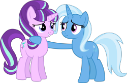 Size: 12302x8015 | Tagged: safe, artist:geometrymathalgebra, character:starlight glimmer, character:trixie, species:pony, species:unicorn, ship:startrix, episode:the cutie map, g4, my little pony: friendship is magic, absurd resolution, cute, eye contact, female, grin, heartwarming in hindsight, hilarious in hindsight, hug, lesbian, lidded eyes, looking at each other, mare, shipping, simple background, smiling, transparent background, vector