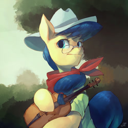 Size: 1024x1024 | Tagged: safe, artist:chung-sae, character:fiddlesticks, apple family member, bandana, clothing, cowboy hat, female, fiddle, glasses, hat, musical instrument, shirt, solo