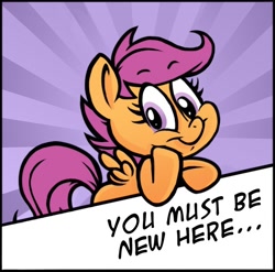 Size: 606x599 | Tagged: safe, artist:myslipox, character:scootaloo, species:pegasus, species:pony, abstract background, cute, cutealoo, female, filly, parody, reaction image, smiling, solo, you must be new here