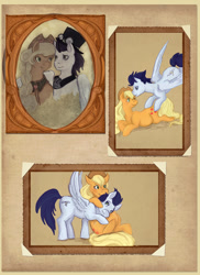 Size: 801x1100 | Tagged: safe, artist:saint-juniper, character:applejack, character:soarin', species:earth pony, species:pegasus, species:pony, fanfic:myths and birthrights, ship:soarinjack, belly, duo, female, male, mare, photo album, pregnant, shipping, stallion, straight