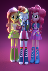 Size: 1300x1920 | Tagged: safe, artist:creatorofpony, artist:rjrgmc28, character:fluttershy, character:pinkie pie, character:rainbow dash, episode:tanks for the memories, g4, my little pony: friendship is magic, my little pony:equestria girls, 3d, 3d model, blender, boots, clothing, comforting, compression shorts, crying, equestria girls interpretation, hurt/comfort, miniskirt, sad, scene interpretation, shoes, shorts, skirt, sleeveless, socks, tank top