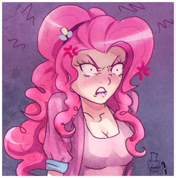 Size: 586x593 | Tagged: safe, artist:songoftheshoebox, character:pinkie pie, species:human, angry, female, humanized, lip bite, pinkie promise, solo